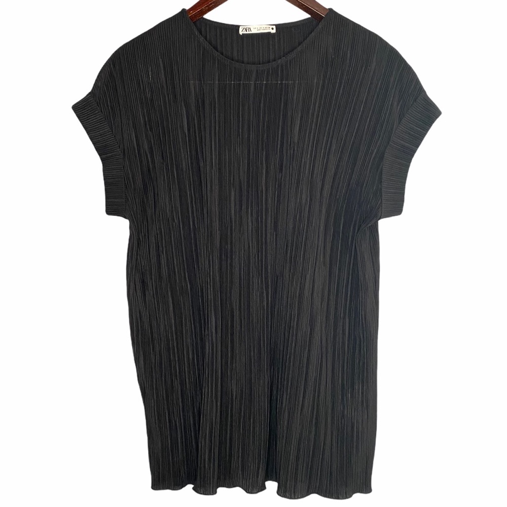 Zara Ribbed Black Knit Sheer Rolled Cuff Short Sleeve Top S